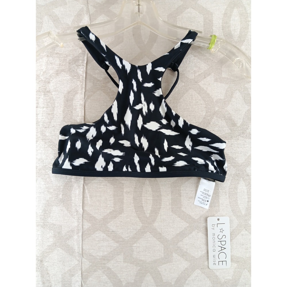 L Space by Monica Wise Black White Print Cross Back Halter‎ Bikini Top S - Picture 6 of 9